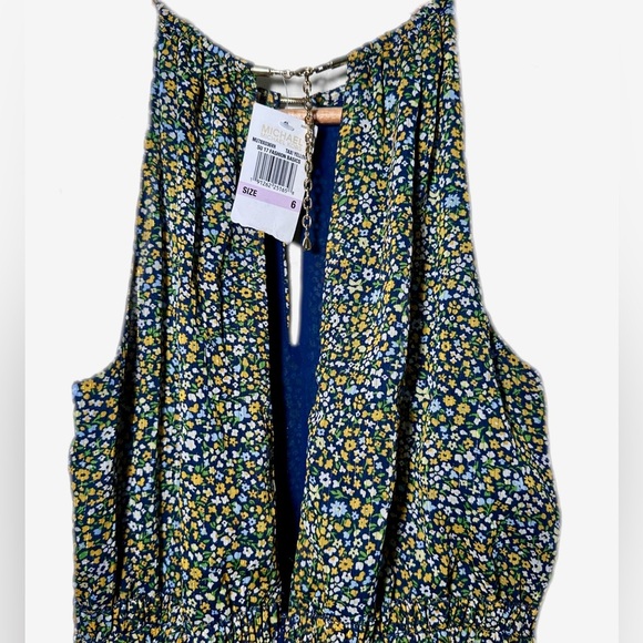 MICHAEL Kors Floral Pleated Halter Dress Multicolor Gold Neck Accent Size 6 - Picture 4 of 10